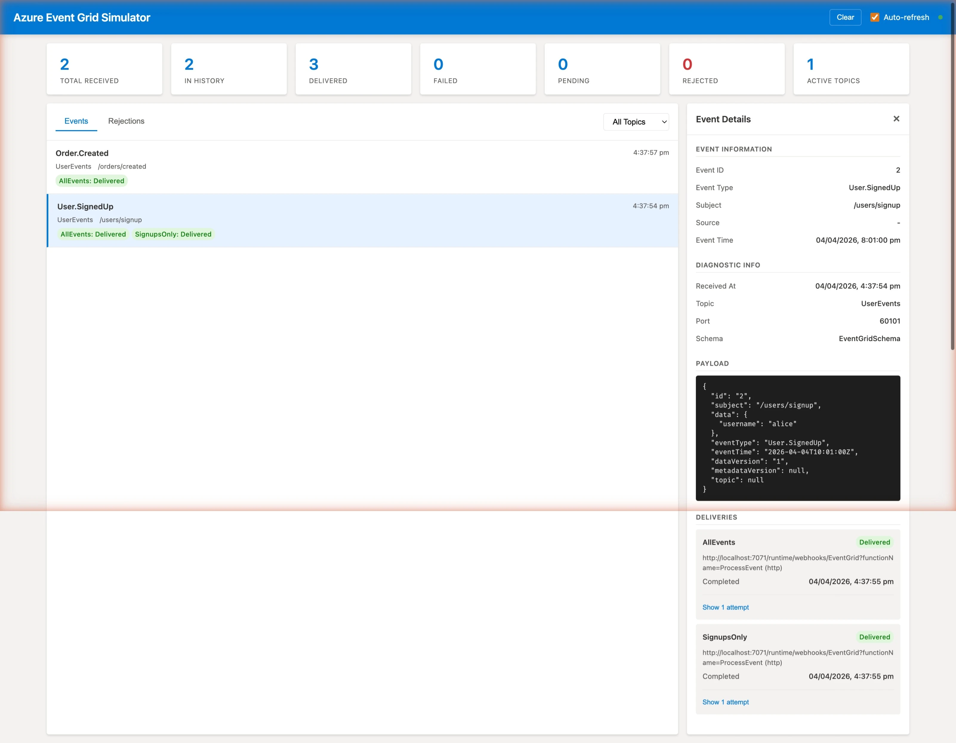 The simulator dashboard showing two events with filtering applied. The signup event was delivered to both subscribers while the order event was only delivered to AllEvents.